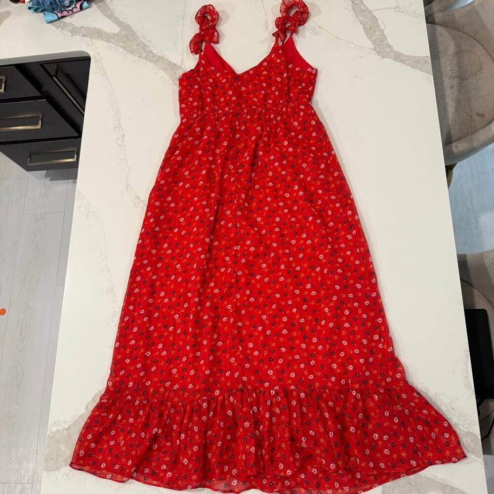 Madewell Ruffle Strap Wrap Dress Women's 4 Metallic Striped Prairie Posies Red - Picture 7 of 8